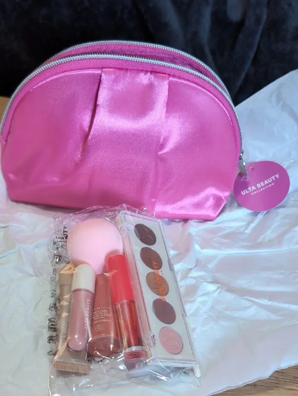 Ulta Beauty Pink Satin Makeup Pouch with Pink Cosmetic Tools